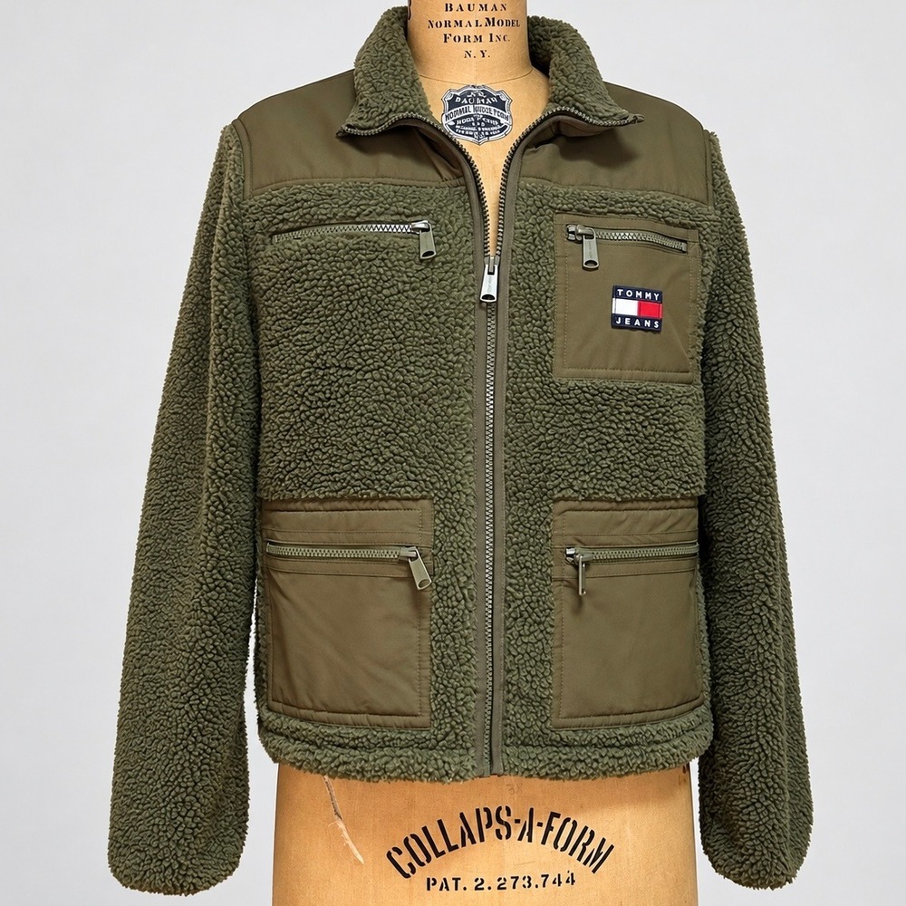 Tommy Jeans Sherpa Fleece Jacket Women's XS Olive Green Utility Full Zip